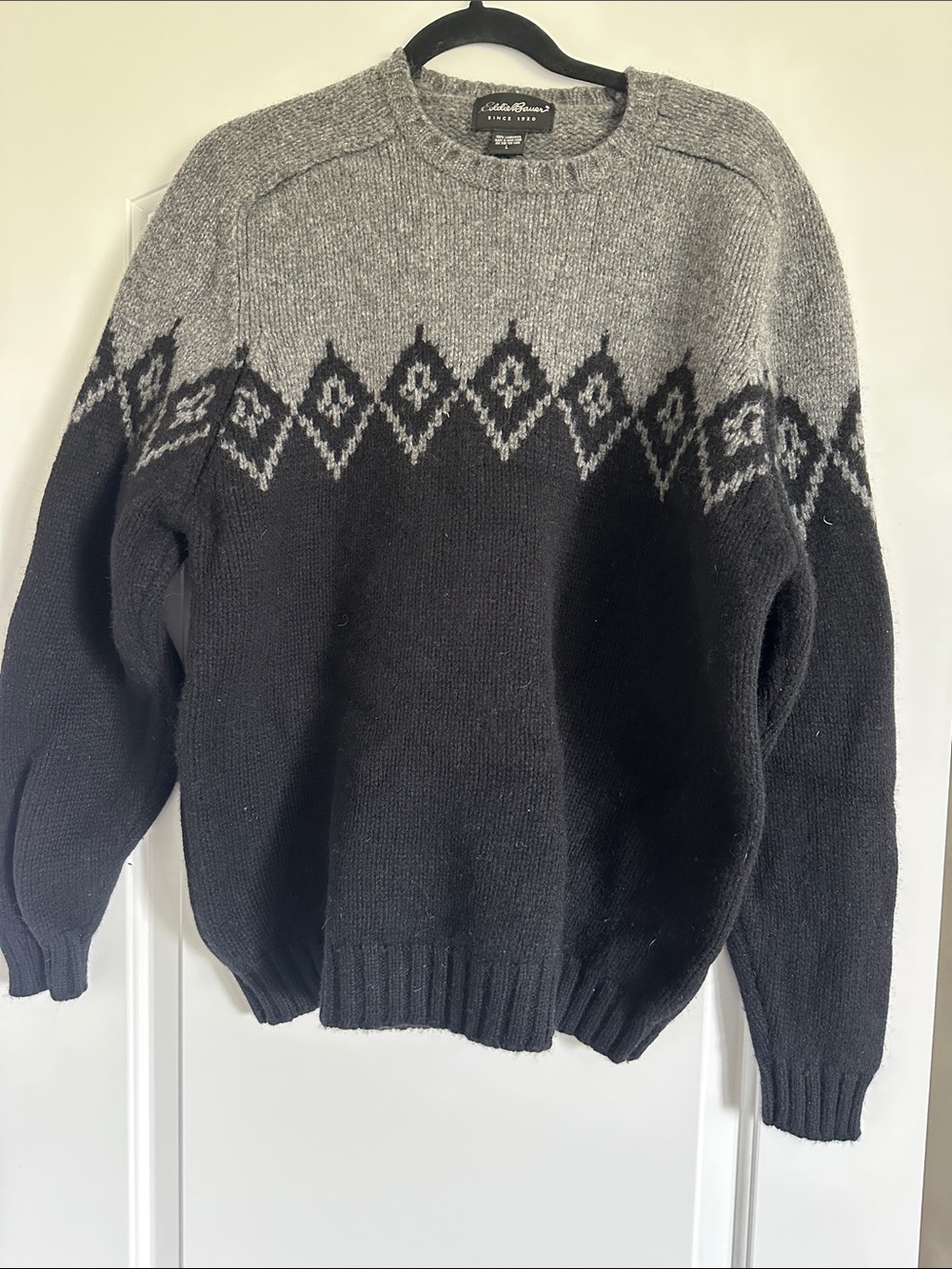 Eddie Bauer Gray and Black Crewneck Fair Isle Sweater